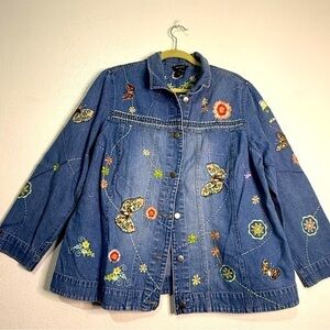 Multiples Embroidered Denim Jacket with Butterfly Design. 100% cotton. Sz 1X.